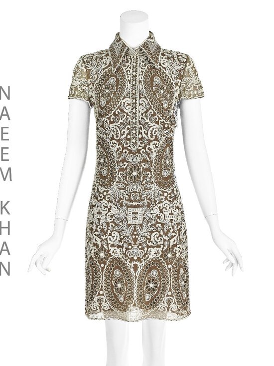 Naeem Khan Dresses & Skirts - NAEEM KHAN Vintage Brown Silk Mini Dress w/White Embroidery SZ 4